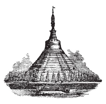 Shoemadoo of Pagoda which is a specimen of the Burmese style of temples is presented in the Shoemadoo, vintage line drawing or engraving illustration.のイラスト素材