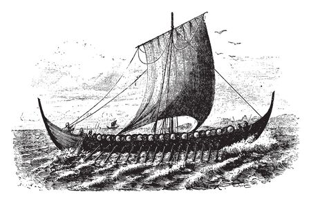 Norse ship copied from one in Nordenskiold Voyage of the Vega, vintage line drawing or engraving illustration.のイラスト素材