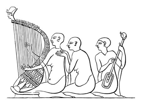Harp was elaborately colored and ornamented with gold and carvings, vintage line drawing or engraving illustration.のイラスト素材