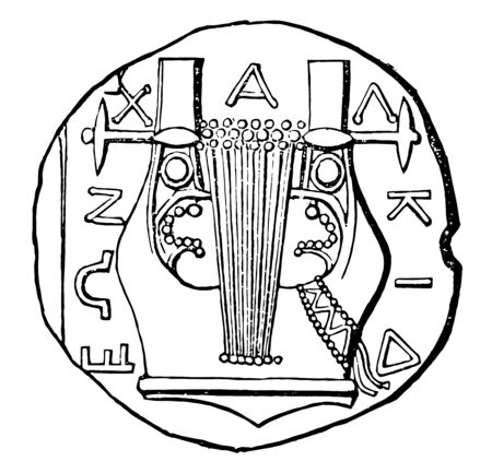 This image shows the coin with seven strings. Between the strings there is an alphabetical letter, vintage line drawing or engraving illustration.のイラスト素材