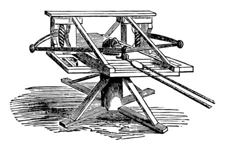 Ballista which is the larger kinds of military weapons in use before the invention of gunpowder, vintage line drawing or engraving illustration.のイラスト素材