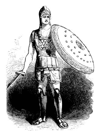 Arms and Armor are equipped with a dense breastplate, vintage line drawing or engraving illustration.のイラスト素材