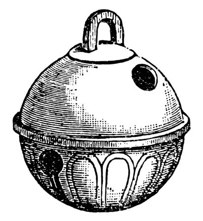 Ancient Crotal Bell is a percussion instrument that is tuned and made of a bronze or brass sphere, vintage line drawing or engraving illustration.のイラスト素材