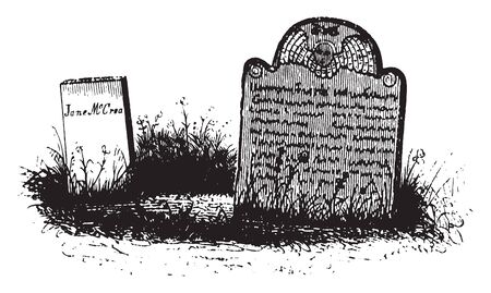 Grave of Jane McCrea a young woman who was killed by a Huron-Wendat warrior ,vintage line drawing or engraving illustration.のイラスト素材