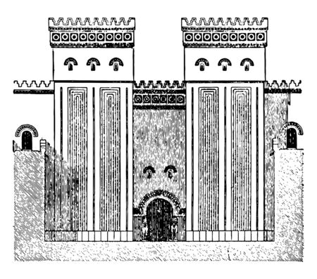 This image shows the entrance to the entrance. This is the gateway to the Khorsabad Palace, vintage line drawing or engraving illustration.のイラスト素材