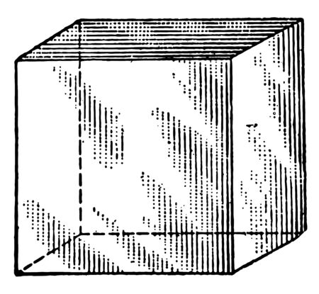The image shows the diamond-shaped cube that has vertical lines on each side. Front view with flat lines and rear view with dotted lines, vintage line drawing or engraving illustration.のイラスト素材