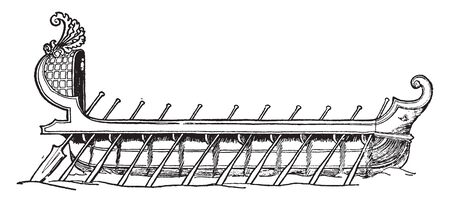 Roman Boat which is an ancient naval vessels were made of wood water proofed using pitch and paint, vintage line drawing or engraving illustration.のイラスト素材