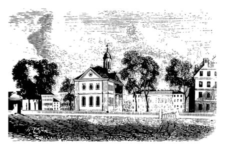 Harvard university is the oldest institution of higher learning in Cambridge, Massasschusets vintage line drawing.のイラスト素材