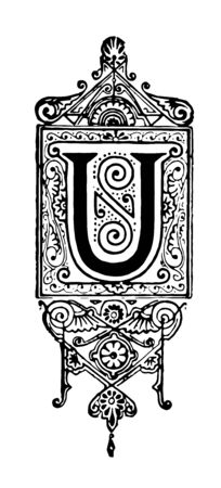 A picture of a decorative letter U with ornate initial with hanging clock design, vintage line drawing or engraving illustration.のイラスト素材