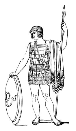 A Greek soldier holding a shield and a spear, vintage line drawing or engraving illustration.のイラスト素材