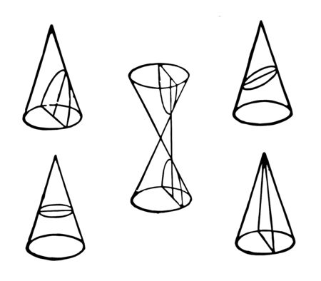 The image shows the conic sections. Each section is different, vintage line drawing or engraving illustration.のイラスト素材