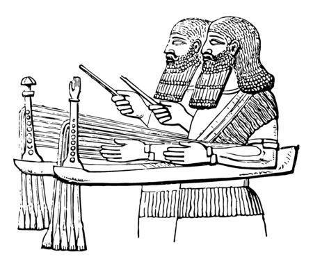 Assyrian Sacbut called sabbeka in the Hebrew Scriptures has been erroneously rendered as sacbut by the translators, vintage line drawing or engraving illustration.のイラスト素材