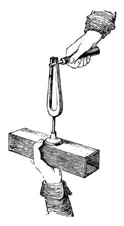 Tuning Fork is an acoustic resonator in the form of a two pronged fork with the tines formed from a U shaped bar of elastic metal, vintage line drawing or engraving illustration.のイラスト素材