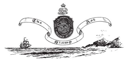 A seal representing the stamp act, it shows shield with crown inside it, ship and sea under shield, vintage line drawing or engraving illustrationのイラスト素材