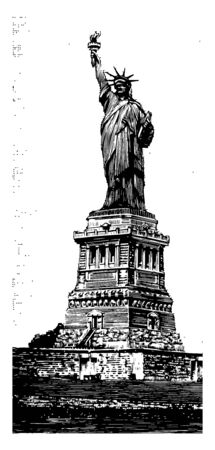 Statue of Liberty is a figure of a women representing the Libertas who is holding Torch in her right hand. Statue is an icon of freedom vintage line drawing.のイラスト素材