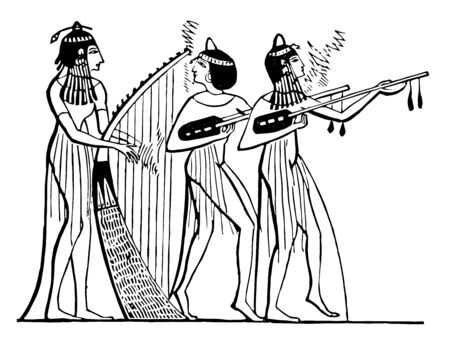 Egyptian Band had arrived at a very accurate knowledge of the art which is evident from the instruments which they used, vintage line drawing or engraving illustration.のイラスト素材