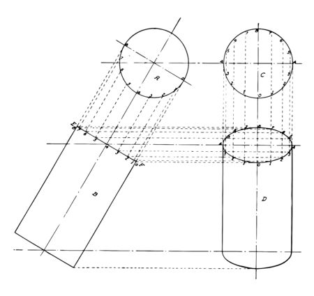 The image shows the projection of the cylinder. It is a graphic layout of projections to build a cylinder from the base of the cylinder, vintage line drawing or engraving illustration.のイラスト素材