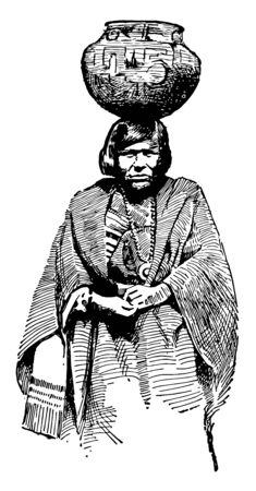 Zuni people lives near the Zuni river are the native American Pueblo people, Zuni Woman made pottery with clay for water and food storage vintage line drawing.のイラスト素材