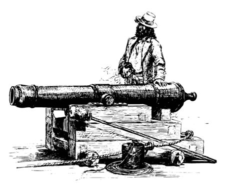 Long Tom is a large cannon placed on naval ships during the American Revolution, vintage line drawing or engraving illustration.のイラスト素材
