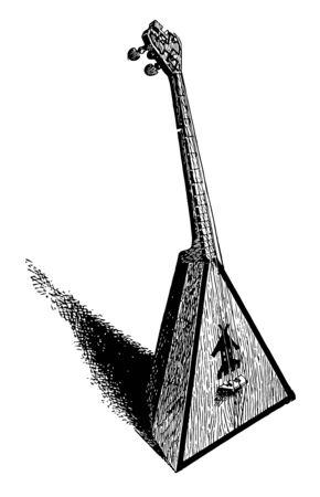 Balalaika is a Russian musical instrument with a triangular body and three strings that produces sounds similar to those of a mandolin, vintage line drawing or engraving illustration.のイラスト素材