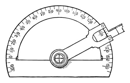 A math tool used for measuring angles on blueprints. It has a tool to adjust the screw and the pointed bar outside to adjust markings depending upon the requirement, vintage line drawing or engraving illustration.のイラスト素材