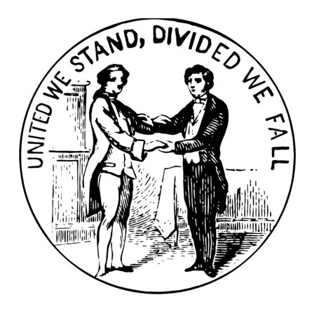 Seal of commonwealth of Kentucky includes two men standing in buckskin and other in formal dress clasping hands vintage line drawing.のイラスト素材