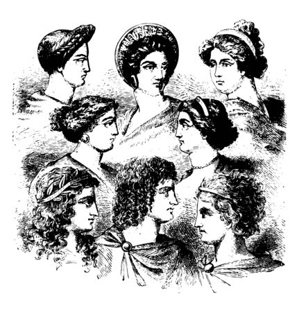 This image shows the different types of women. These women are Greek women. There are 8 women included in this image, vintage line drawing or engraving illustration.のイラスト素材