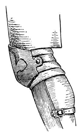Genouillre being held in place by a strap passing round the leg, vintage line drawing or engraving illustration.のイラスト素材
