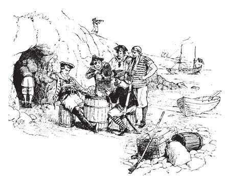 Pirates playing cards outside their cave, vintage line drawing or engraving illustrationのイラスト素材