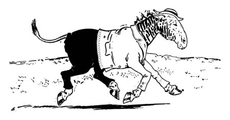 Animal Alphabet Q, Quagga, this picture shows Quagga animal in human dress wore hat and running, vintage line drawing or engraving illustration のイラスト素材
