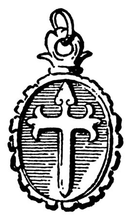 Cross and Locket Pendant cross and locket presents a characteristic example of peasant jewelry, vintage line drawing or engraving illustration.のイラスト素材