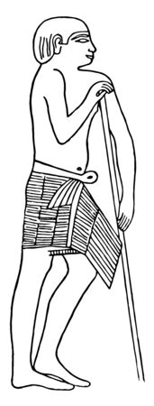 Illustration of a man wearing a triangular wrap skirt with a belt in the waist which is worn by Egyptian priests during the 5th dynasty, vintage line drawing or engraving illustration.のイラスト素材
