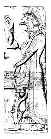 This is the image of the winged eagle head figure. This figure of the Nimrud. The figure is decorated with small lines, vintage line drawing or engraving illustration.のイラスト素材