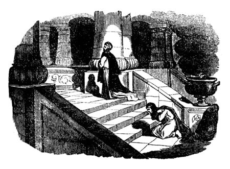 This picture is showing Pharisee and publican praying on the stairs of the temple. Pharisee is standing in front while publican bows down with arms folded on his chest, vintage line drawing or engraving illustration.のイラスト素材