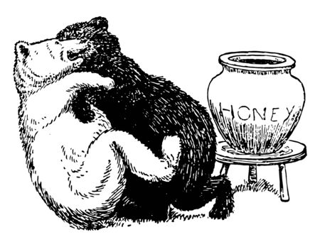 Bears 7, this this picture shows black bear and white bear fighting for honey, honey jar kept on small table, vintage line drawing or engraving illustrationのイラスト素材