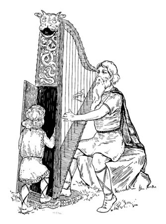 Aslog and Heimir daughter of Siegfried and Brunhild, vintage line drawing or engraving illustration.のイラスト素材