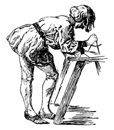 In this picture this is Columbus learning to draw maps. Columbus is holding a campus radius in his hand, vintage line drawing or engraving illustration.のイラスト素材