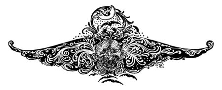 Nighttime Tailpiece is a decorated with a moon and stars, vintage line drawing or engraving.のイラスト素材