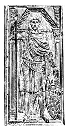 An image of the military commander holding the shield and javelin, vintage line drawing or engraving illustration.のイラスト素材