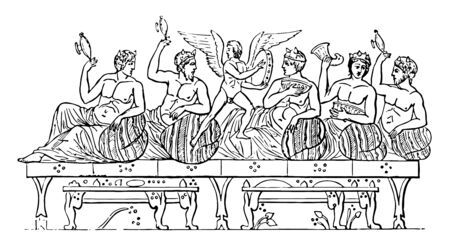 Greeks on a drinking party with a winged man in the middle, vintage line drawing or engraving illustration.のイラスト素材
