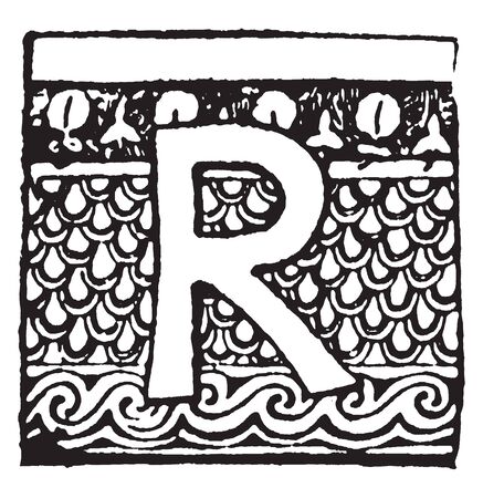 An capital letter R with girl, ball and kitten, vintage line drawing or engraving illustrationのイラスト素材