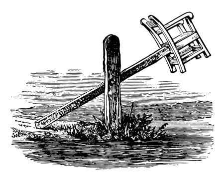 A chair locked with a long wooden beam fixed on the edge of a pond or stream mainly used in 1820s to punish for disorderly women, vintage line drawing or engraving illustration.のイラスト素材