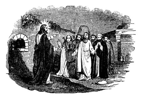 Jesus is holding the hand of the girl as she raises her upper body from the bed. She wears a laurel crown and Jairus stands behind her bed. A lady and a man standing in the background, vintage line drawing or engraving illustration.のイラスト素材