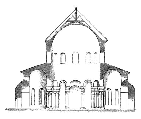 Santa Costanza, Section of the Church of S. Constantia at Rome, simplest descriptions of this kind of building,  Sometimes they were without this passage, vintage line drawing or engraving illustration.のイラスト素材