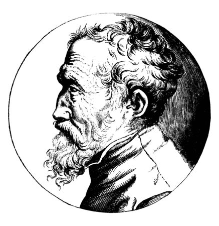 Michelangelo Profile Portrait, 1475-1564, he was an Italian sculptor, painter, architect, and poet of the high Renaissance, vintage line drawing or engraving illustrationのイラスト素材