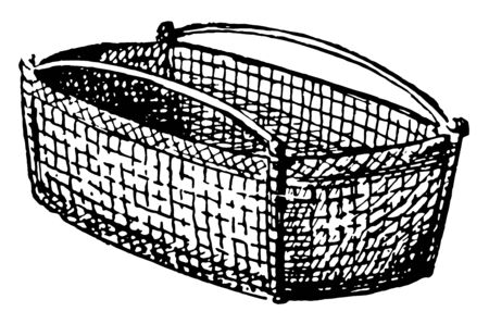 Basket, A woven basket, made from a range of materials, including wood splints, runners, and cane, Baskets are generally woven by hand, vintage line drawing or engraving illustration.のイラスト素材
