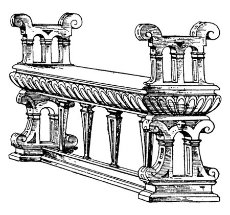 Renaissance Bench with beautifully crafted arm rest and pillars holding the seat, vintage line drawing or engraving illustrationのイラスト素材