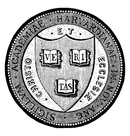 The seal of Harvard University in Massachusetts, a shield emblazoned with three books, which has Harvard's current motto VERITAS, vintage line drawing or engraving illustrationのイラスト素材