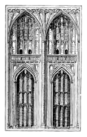 Two Bays is Perpendicular Style, pace between posts in the transverse direction, building and aisles run, vintage line drawing or engraving illustrationのイラスト素材