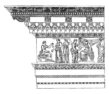 Corinthian Entablature from the Nerva at Rome, Simple styles, such as the Doric, and among the Greeks, it is in small dimensions, but on the largest scale, vintage line drawing or engraving illustration.のイラスト素材